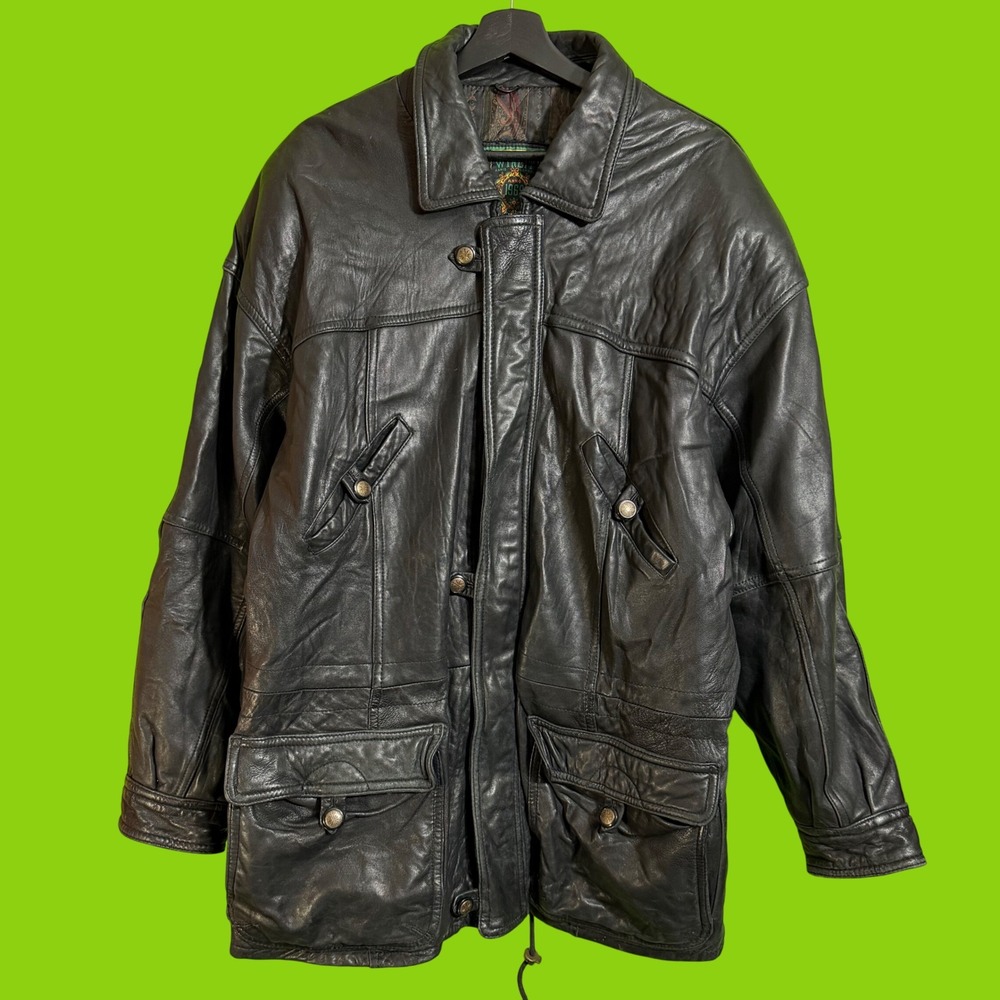Vintage Winlit Black Genuine Leather Field Jacket Paisley Quilted Lining Large
